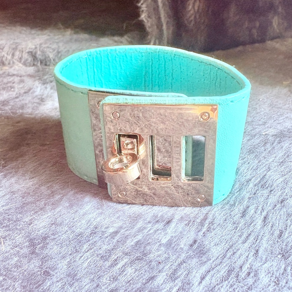 “Tiffany Blue” Leather/vinyl Cuff Bracelet with Silver Buckle, Adjustable. New.